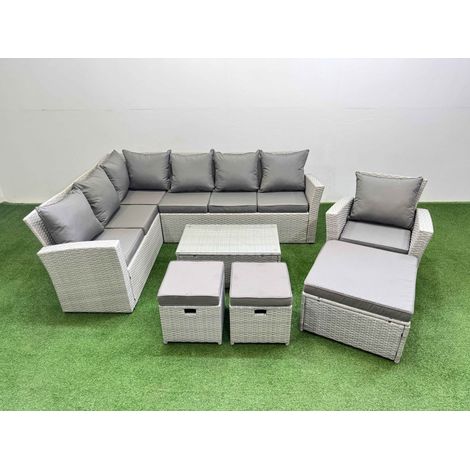 Fimous 10 Seater Garden Outdoor PE Rattan Furniture Set Rattan Garden Sofa Set with 3 Footstools Light Grey Mixed (1/5)