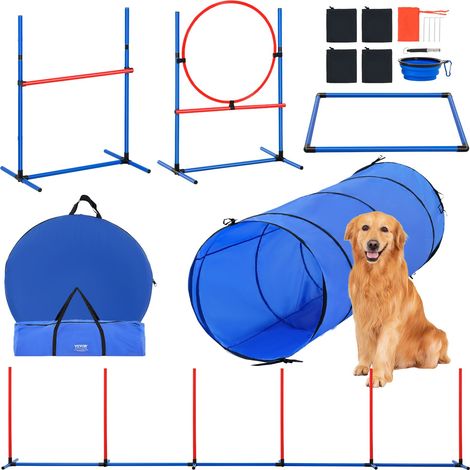 Montage facile kit agility chien 5 pcs, parcours d'obstacles avec tunnel, haies réglables et anneau de saut (1/5)