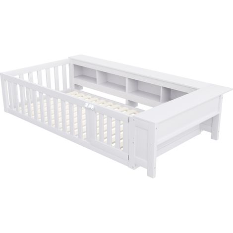 Letto bambino multifunzione 90 x 200 cm con contenitori, sbarre di sicurezza e porticina, bianco (1/4)