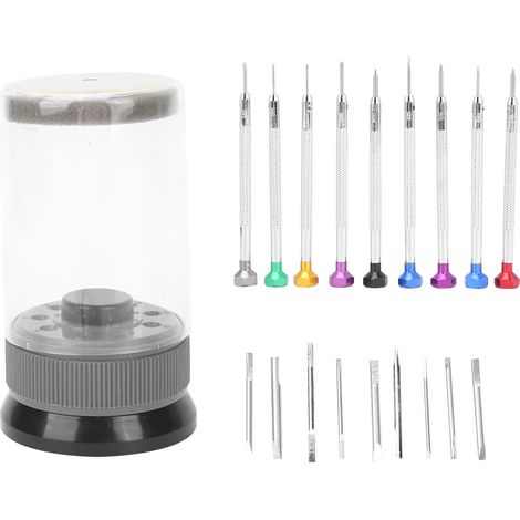 Tournevis 9 pièces avec embouts plats et cruciformes, lot pour réparation de montres avec socle rotatif (1/5)