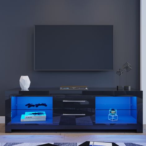 ELEGANT Black TV Stand with 2 Drawer and Shelf LED 1600mm TV Cabinet High Gloss Home Entertainment Unit for Living Room Bedroom Storage Furniture (1/5)