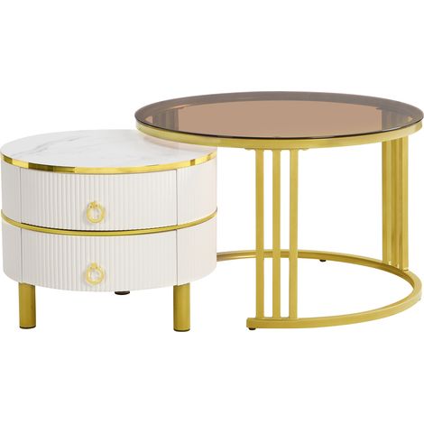 Table basse ronde 2-en-1 en MDF avec plateaux en verre trempé blanc et marron, 70x70x45 + 50x50x40 cm, 2 tiroirs, mobilier de salon (1/5)