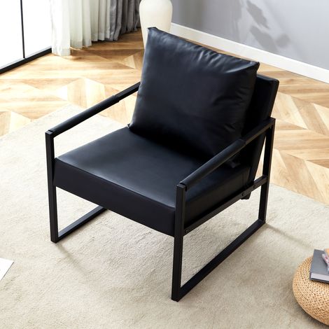 Fauteuil de lecture noir avec structure en métal noir, fauteuil de détente moderne en similicuir, canapé une place pour salon, chambre, bureau (1/4)