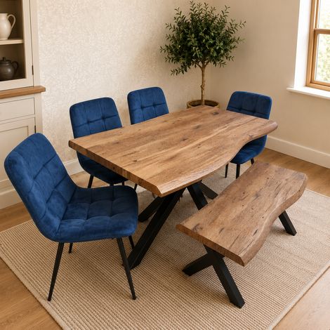 Kosy Koala 6 Seater Rustic Brown Wooden Effect Dining Table with Blue Velvet Chairs & Bench (1/5)