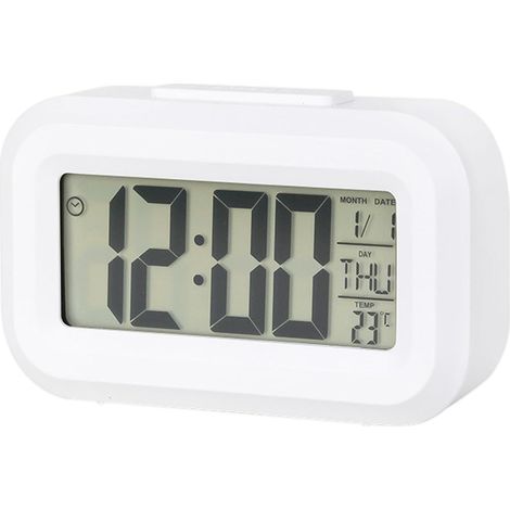 Piccola sveglia digitale con ampio display, orologio notturno con calendario illuminato della temperatura, sveglia da scrivania per camera da letto a batteria (bianca) (1/5)