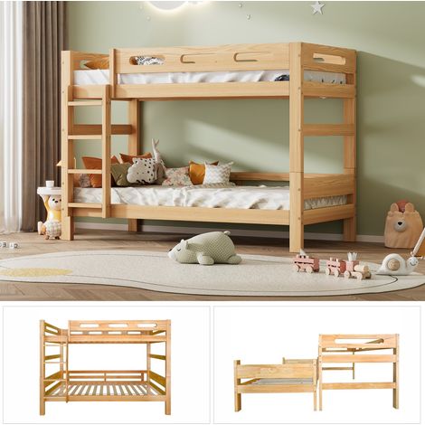 Lit superposé enfant convertible en 2 lits simples, cadre robuste en pin, montage facile, aspect naturel, 90x200 cm (sans Matelas) (1/5)
