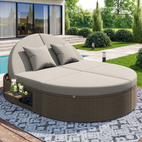 Chaise longue double rotin lit jour extérieur tablette latérale bain soleil 2 pers table pliante angle réglable