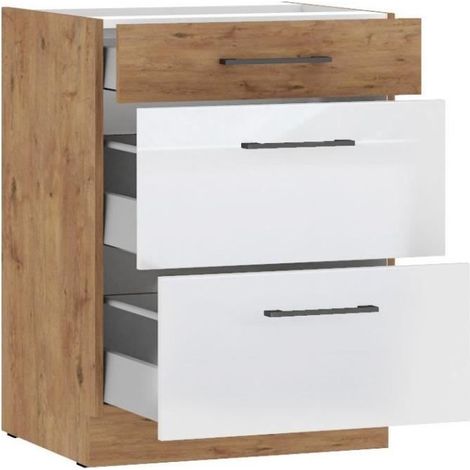 ROCK - Meuble bas casserolier - Mélaminé chene Lancelot et Blanc brillant - 60 cm - 3 tiroirs (1/2)