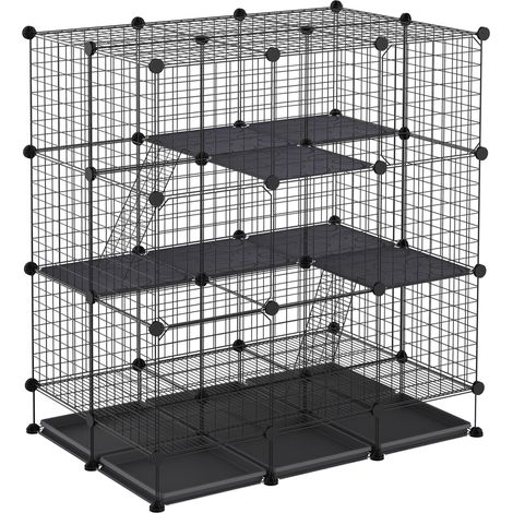 Parc enclos modulable pour rongeurs, dimensions 111 x 75 x 119 cm, avec 3 niveaux de jeu et 4 portes d'accès, fabriqué en fil métallique noir résistant. Cette cage modulable s'adapte parfaitement a... (1/5)