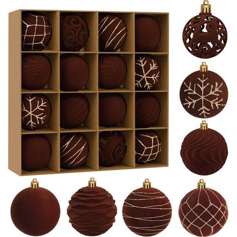 Lot de 16 boules décoratives de Noël en velours et plastique incassable floqué pour décoration de Noël (marron) - 6 cm (1/5)