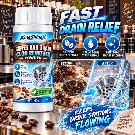 KineShineX Reinigungspulver für Abflüsse in Cafés eignet sich zur Reinigung von Kaffeesatz, Sirup, Milchflecken und Abflussrohren. (1/5)