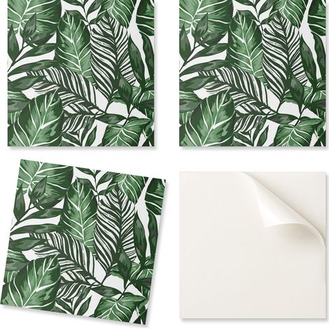 Baldosas de vinilo autoadhesivas - Decoraci贸n de pared para oficina con estampado de hojas tropicales 4x50x50 cm