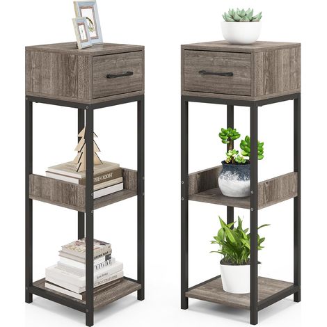 Lot de 2 Supports de Plantes en Métal à 3 Niveaux, Porte-Plantes avec 1 Tiroir Kits Anti-basculement, Organisateur d'angle de Pots, Gris+Noir (1/5)
