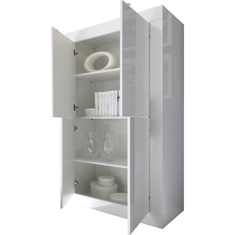 Credenza Sampeyre, Madia 3 Ripiani, Apertura Battente Made in Italy, 4 Ante, 101.4x42x161.2h cm Bianco Lucido