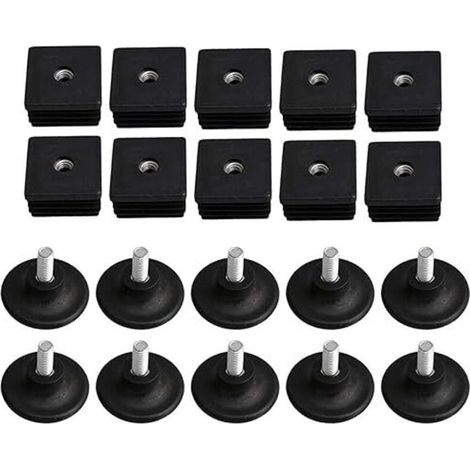 40mm x 40mm Filetage M8 Bouchons de jambe de meuble en plastique noir Bouchons aveugles Bouchons enfichables avec pieds de filetage de réglage pour tube carré Lot de 10 (1/4)