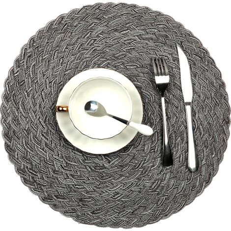 Sets de table ronds en polypropylène résistant à la chaleur, aux taches, antidérapants et lavables (lot de 4, gris tressé) (1/5)