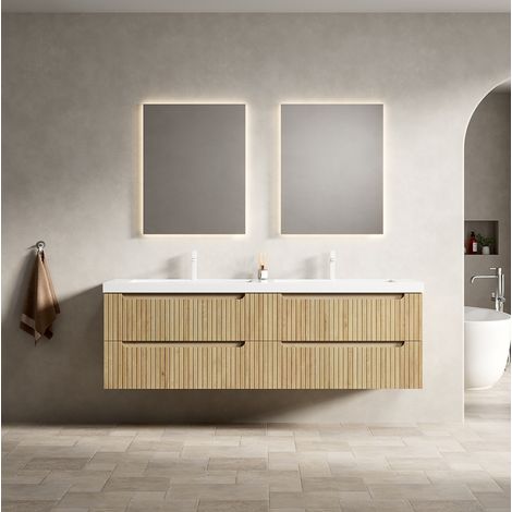 Mobile bagno sospeso 160 cm con doppio lavabo integrato in pietra artificiale e 4 cassetti (1/5)