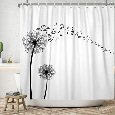 180x180cm Simple Rideau de Douche Pissenlit Noir Blanc Plante Pissenlit imperméable Rideau de Douche Ensemble Notes de Musique Rideau de Bain Minimaliste Rideau de Baignoire Lavable (1/5)
