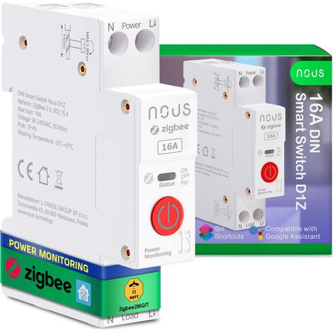 Interrupteur Zigbee DIN, 16A Interrupteur Intelligent Avec Surveillance Énergétique, Compatible Avec Zigbee2MQTT, Contrôle des applications, Contrôle vocal (1/5)