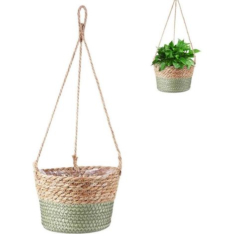Panier suspendu pour fleurs et plantes en corde de jute, pot suspendu intérieur ou extérieur, couleur verte, plusieurs pièces (1/5)