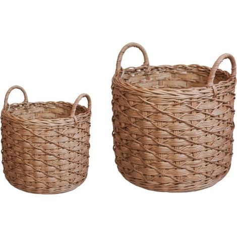 Woven Round Rattan Log Basket with Handles (Set of 2) - Brown