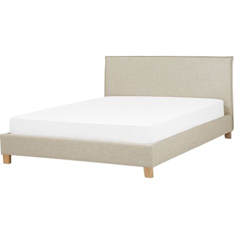 Marco de cama tapizado en tela beige con patas de madera 140 x 200 cm listones cabecero minimalista estilo escandinavo Sennez