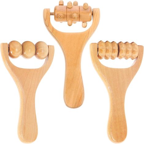 Ensemble de massage en bois 3 pièces - Baguette de massage - Rouleau de massage pour les pieds et la nuque - Appareil de massage complet pour le corps - Soulage les douleurs musculaires - Couleur bois
