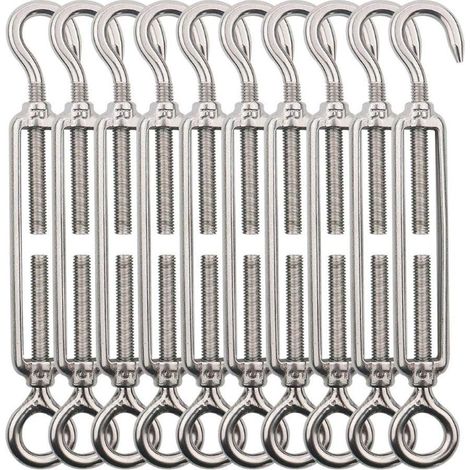 Juego de 10 tensores de alambre ajustables, tensores de acero inoxidable, ojo tensor de linterna M4 y gancho de acero.Se utiliza para tensar alambre de acero, línea de antena, cadena de tendedero (1/4)