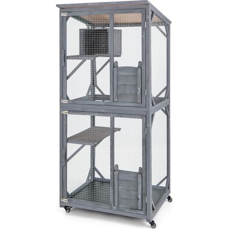 Goplus – Maisonnette pour chat – Enclos extérieur sur roues avec 2 plateformes et boîte de repos – Toit en asphalte imperméable – 80x70x182cm