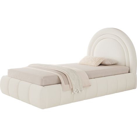 Lit enfant 90 x 200 cm rembourré avec coffre de rangement hydraulique, sommier à lattes et tête de lit épaisse en tissu bouclette beige – CHICFURN (1/5)