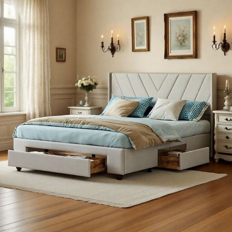 Cama 140x190 cm, Escandinava, cama para adultos, marco de cama doble 140x190 cm, Lino, Beige (1/5)