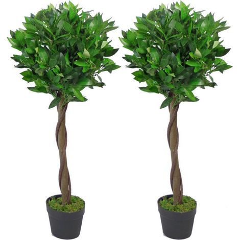 90cm Leaf Design UK Pair of Artificial Bay Topiary Ball Trees, Green Twist
