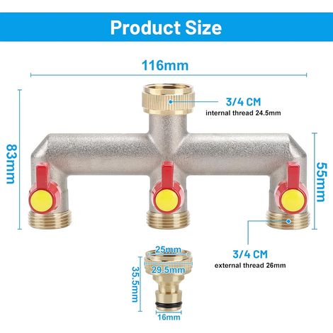 LALAGO Répartiteur de robinet 3 voies en laiton pour tuyau d'arrosage - Régulation du débit d'eau - Adaptateur de tuyau 3/4" - Distributeur d'eau de jardin