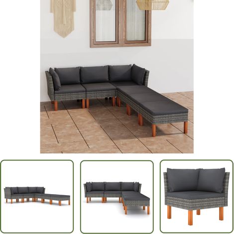 The Living Store Salon de jardin 6 pcs avec coussins Résine tressée Gris - Salon De Jardin - Mobilier De Jardin - Set De Salon - Ensemble De Canapé - Canapé D'extérieur (1/5)
