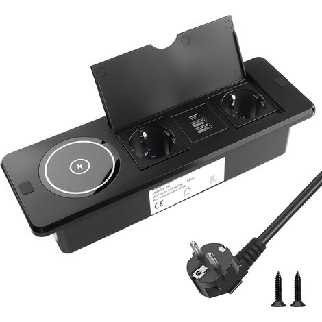 2 Prises de Bureau Encastrable avec Chargeur sans Fil Bloc Multiprise Encastrable avec 2 Ports USB A et 1 USB-C Surface de Charge Qi Couvercle Rabattable (1/5)