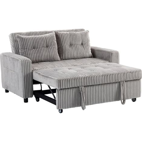Canapé convertible 2 places en velours côtelé gris clair avec 2 coussins et rangements latéraux, 157 x 190 cm (1/5)