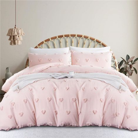 Bettwäsche-Set 135x200cm Rosa mit Herz-Stickerei, getuftet, Boho-Stil