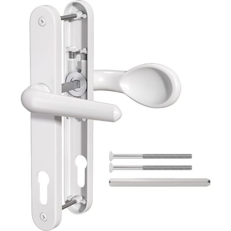 1 Pcs Poignée de Porte en Aluminium Blanc pour Porte en PVC, Levier/Pad Inline 92mm, 211mm Distance de Trou de Vis, 243mm Longueur de Plaque Poignée de Porte Avant pour Porte en PVC (1/5)