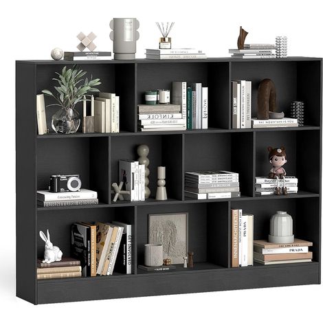 COSTWAY Bibliothèque Etagère à 10 Cases, Armoire de Rangement Autoportante à 3 Niveaux, Kits Anti-basculement, Etagère de Présentation en Bois de 140 cm, pour Salon (XL 10 Compartiments,Noir) (1/5)