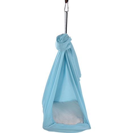 Hamac de yoga aérien élastique et résistant (25 kN) avec anneaux en O et chaînes pour un raffermissement du corps. Bleu clair. (1/5)