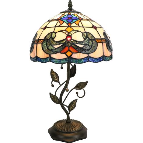 Baroque Lampe de Bureau, Lampe de Chevet Vintage, E27 Verre Coloré Lampe de Table, Avec Interrupteur à Chaîne à Tirer, Forme des Feuilles Base en Métal[Sans ampoule] (1/5)