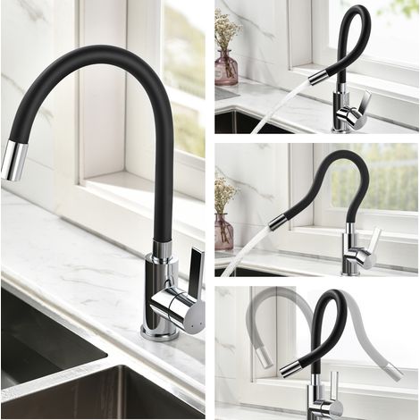 Auralum Robinet de Cuisine Flexible Bec Haut Orientable Librement Mitigeur Évier Laiton Chromé Robinet Evier Monotrou à Eau Chaude et Froide Noir (1/5)