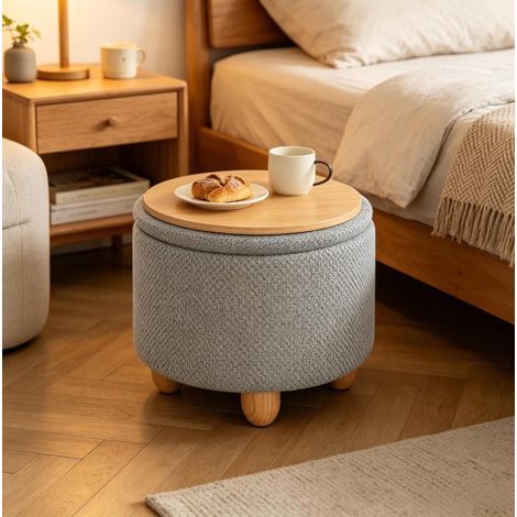 Pouf de rangement rond 39 x 39 x 33 cm, couvercle plateau bois, lin épais gris clair HAVRYA (1/5)