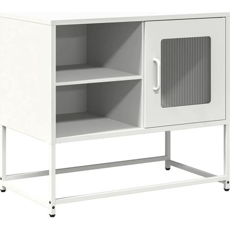 Meuble TV blanc avec grand espace de rangement et design industriel 68 x 39 x 60 cm en acier laminé à froid blanc (1/5)
