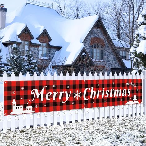 Grande bannière « Joyeux Noël » - 305 x 51 cm, imprimée recto verso, à carreaux rouges Décoration murale géante pour les fêtes de Noël et la décoration intérieure et extérieure Convient pour une uti (1/5)