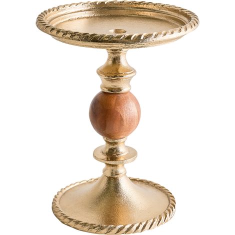 Candelero de 31 cm de aluminio y madera de acacia pieza decorativa de diseño moderno dorado Vodno