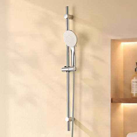 Colonne de Douche sans Robinet avec Douchette 6 Jets-Barre de Douche Réglable 900mm en Acier Inox-Support Coulissant à 360°-Étagère de Rangement Incluse-Finition Chrome Anti-Corrosion (1/5)