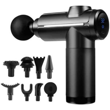 Pistolet de massage des tissus profonds, mini-masseur musculaire à percussion, 32 vitesses réglables, écran tactile LCD, 8 têtes pour les épaules, le corps et le dos, noir (1/4)