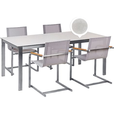 Conjunto de jardín moderno 4 plazas de acero inoxidable mesa comedor tablero de vidrio blanco sillas de textileno beige Cosoleto (1/5)