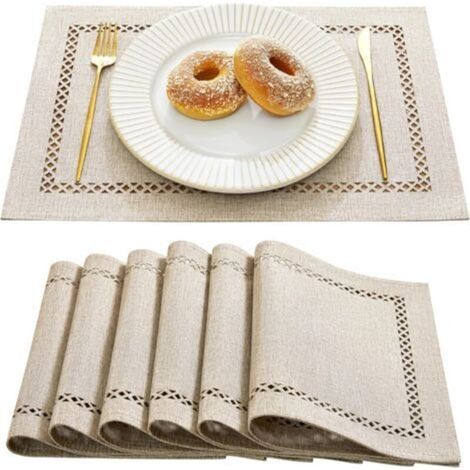 Ensemble de 6 sets de table en lin de style champêtre, 33 x 45 cm, avec perforations géométriques rustiques, lavables pour les repas, les fêtes et l'usage quotidien (1/5)